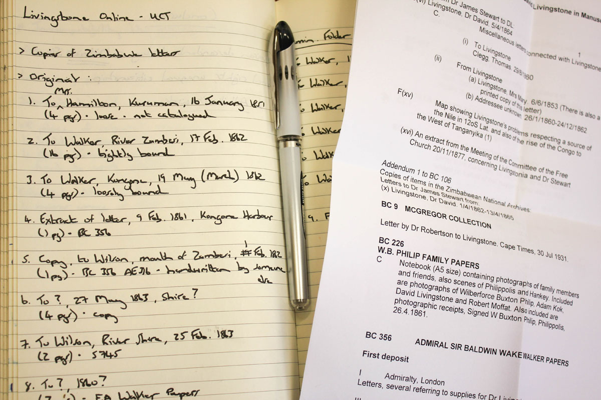 Jared McDonald's notes on the Livingstone Manuscripts at the University of Cape Town, 2013. Copyright Angela Aliff. Creative Commons Attribution-NonCommercial 3.0 Unported (https://creativecommons.org/licenses/by-nc/3.0/).