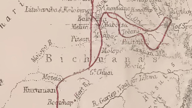 Image of John Arrowsmith, Map of South Africa Showing the Routes of Revd Dr Livingstone Between the Years 1849 & 1856, 1857, detail. Courtesy of Internet Archive (https://archive.org/details/Missionarytrave00LiviA).