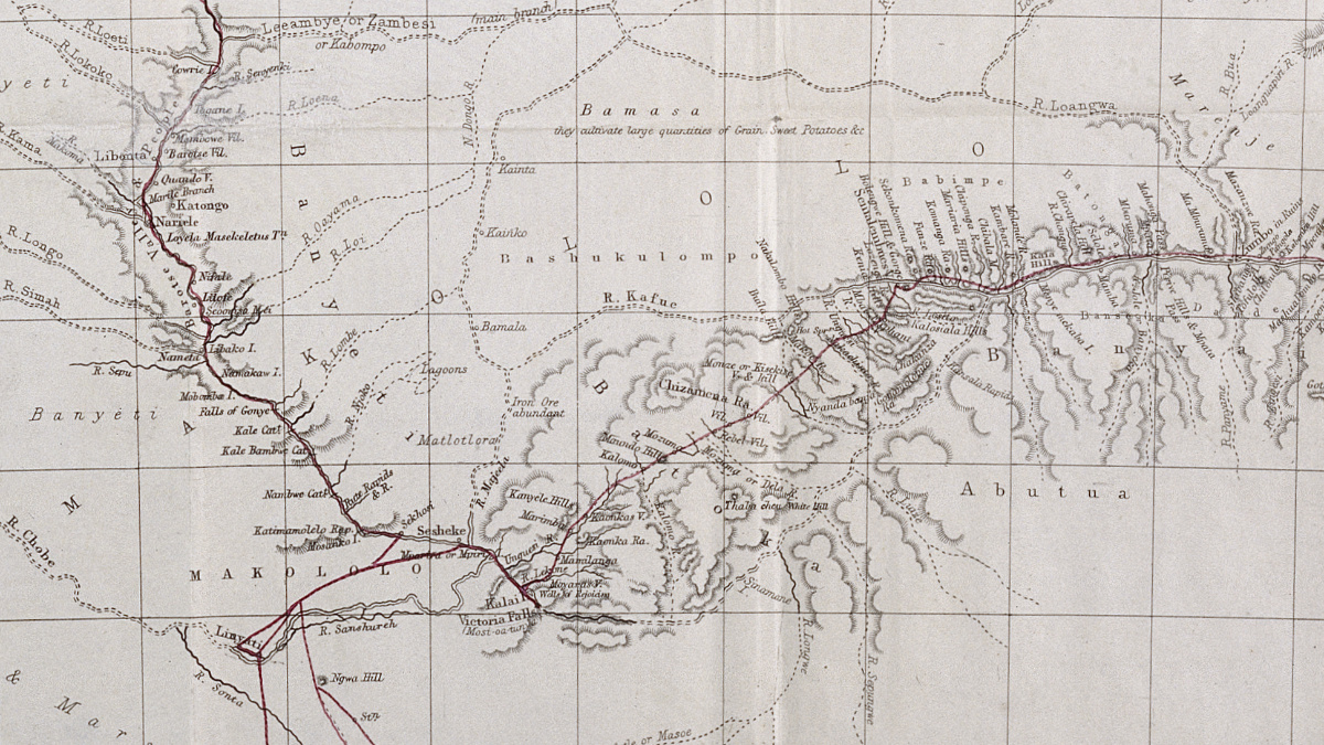 Detailed Map of the Revd. Dr. Livingstone's Route Across Africa, by John Arrowsmith. Fold out map from Missionary Travels and Researches in South Africa (Livingstone 1857aa:n.p.), detail. Copyright Wellcome Library, London. As relevant copyright Dr Neil Imray Livingstone Wilson. Creative Commons Attribution 4.0 International (https://creativecommons.org/licenses/by/4.0/).