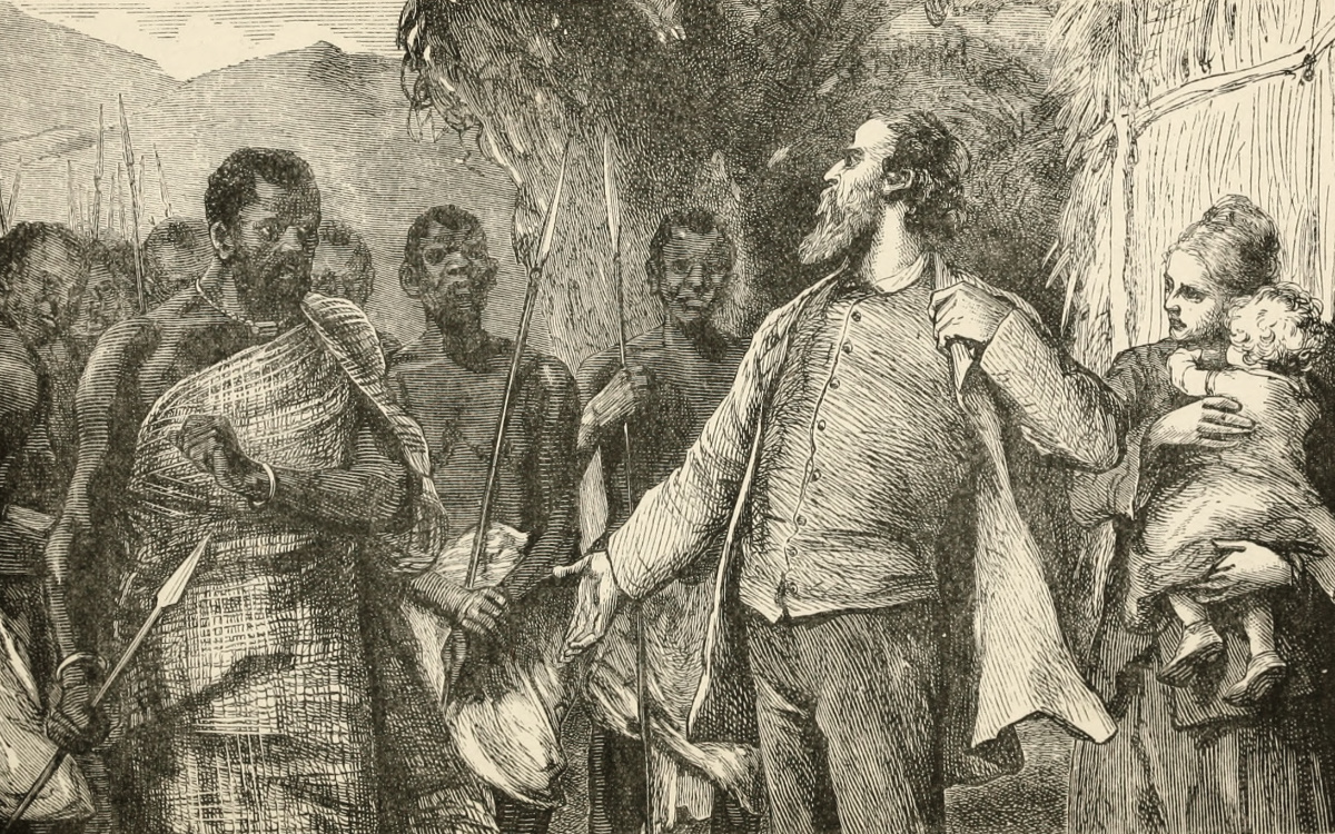 Now Then, If You Will, Drive Your Spears to My Heart. Illustration from David J. Deane, Robert Moffat the Missionary Hero of Kuruman, second edition (New York, Chicago: Fleming H. Revell, c.1880), 61. Courtesy of the Internet Archive (https://archive.org/details/robertmoffatmiss00dean).