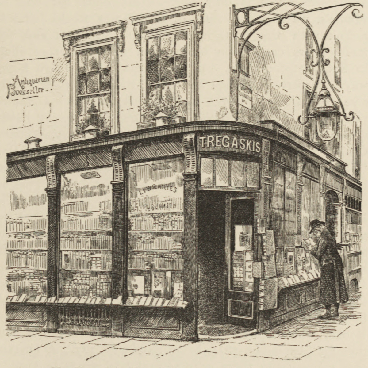 Mr. Tregaskis’s Shop – ‘The Caxton Head’ – in Holborn. Illustration from W. Roberts, The Book-Hunter in London: Historical and Other Studies of Collectors and Collecting (Chicago: A. C. McClurg & Co., 1895), 205. Courtesy of the Internet Archive (https://archive.org/details/bookhunterinlond00robeuoft).