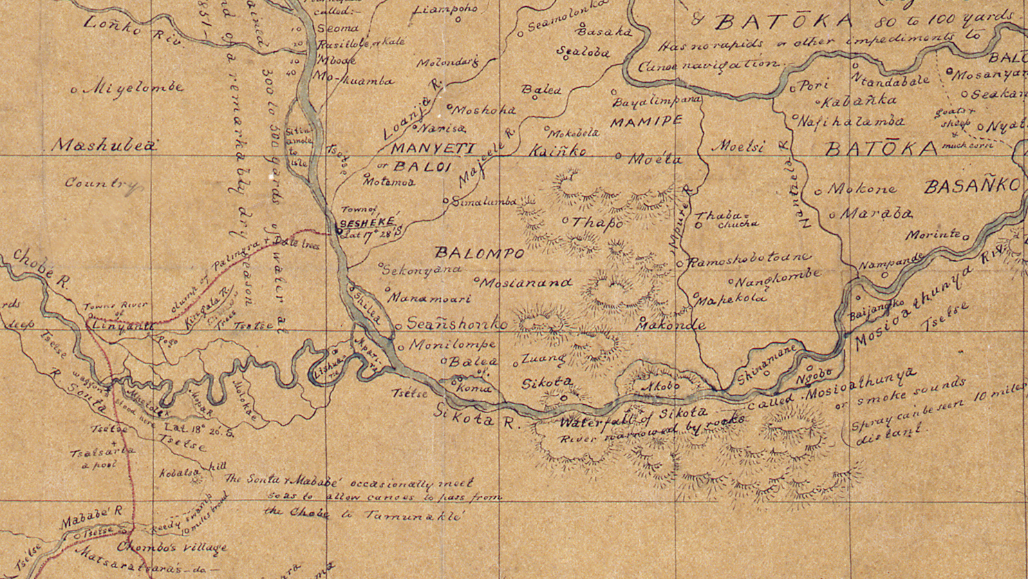 Image of Livingstone's Map of Barotseland (Livingstone 1851:[1]), detail. Image from SOAS Library, University of London. Image copyright Council for World Mission. Used by permission for private study, educational or research purposes only. Please contact SOAS Archives & Special Collections on docenquiry@soas.ac.uk for permission to use this material for any other purpose. As relevant, copyright Dr. Neil Imray Livingstone Wilson. Creative Commons Attribution-NonCommercial 3.0 Unported (https://creativecommons.org/licenses/by-nc/3.0/).