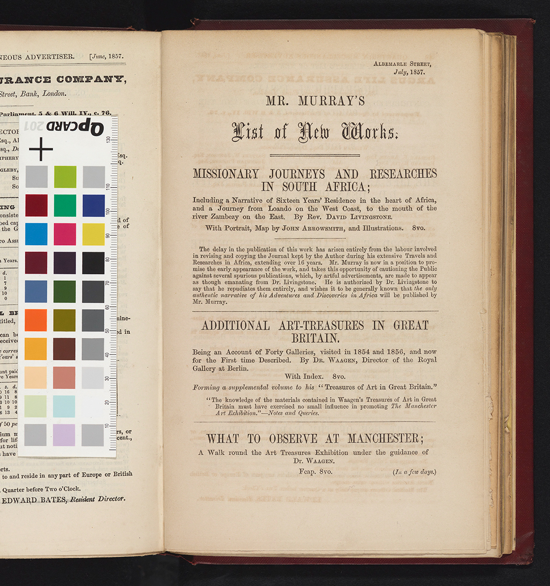 Trade Advert for Mr. Murray's List of New Works: Missionary Journeys and Researches in South Africa, Quarterly Review, 102 (July 1857-October 1857): July 1857, 1. Copyright National Library of Scotland. Creative Commons Share-alike 2.5 UK: Scotland (https://creativecommons.org/licenses/by-nc-sa/2.5/scotland/).