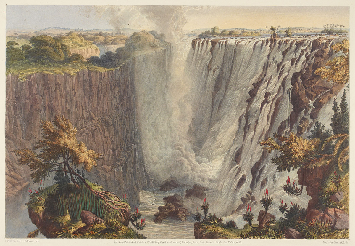 The Falls from the East End of the Chasm to Garden Island. Illustration from Thomas Baines, The Victoria Falls, Zambesi River, Sketched on the Spot (London: Day & Son, 1865), plate 9. Copyright National Library of Scotland. Creative Commons Share-alike 2.5 UK: Scotland (https://creativecommons.org/licenses/by-nc-sa/2.5/scotland/).