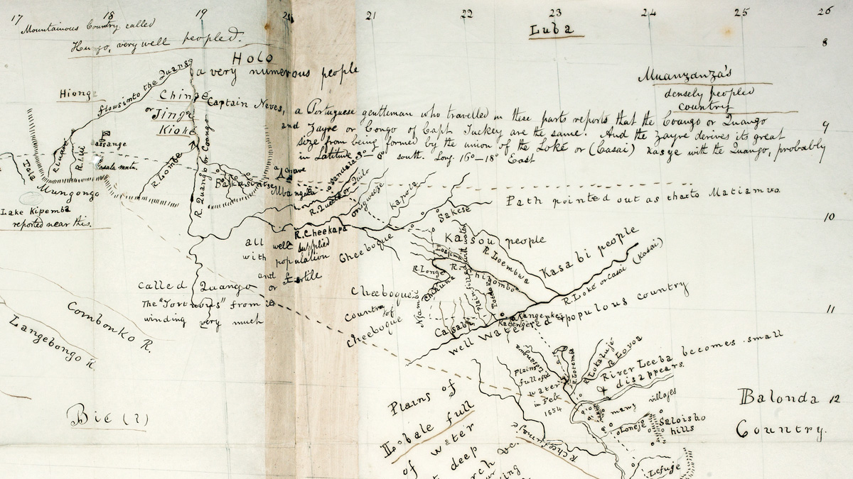 Image of Livingstone's Map of Loanda, (Livingstone 1853:[1]), detail. Image from SOAS Library, University of London. Image copyright Council for World Mission. Used by permission for private study, educational or research purposes only. Please contact SOAS Archives & Special Collections on docenquiry@soas.ac.uk for permission to use this material for any other purpose. As relevant, copyright Dr. Neil Imray Livingstone Wilson. Creative Commons Attribution-NonCommercial 3.0 Unported (https://creativecommons.org/licenses/by-nc/3.0/).