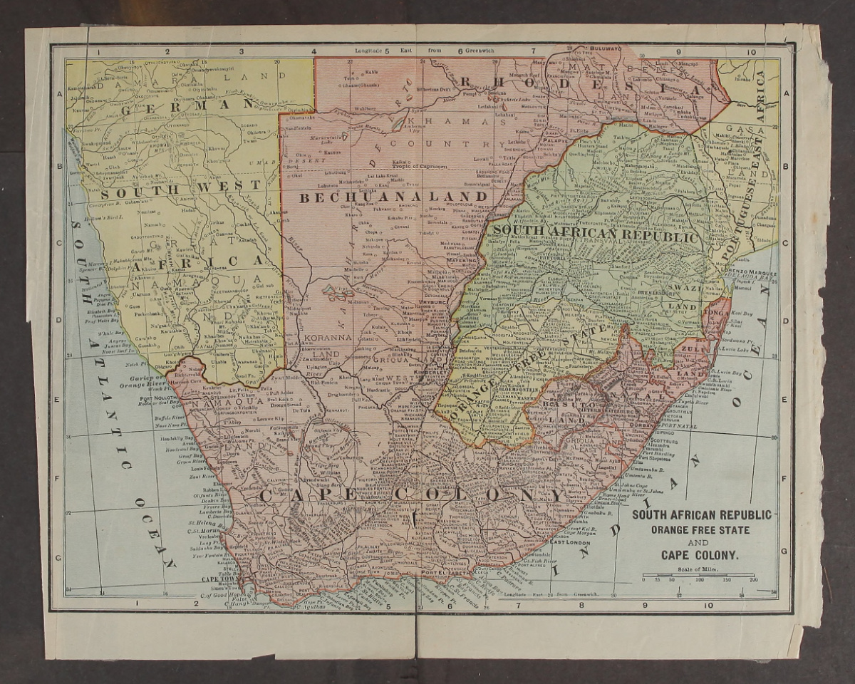 South African Republic, Orange Free State and Cape Colony. Map from Henry Houghton Beck, History of South Africa and the Boer-British War (Philadelphia: Globe Bible Publishing, 1900), n.p. Courtesy of the Internet Archive (https://archive.org/details/historyofsoutha00beck).