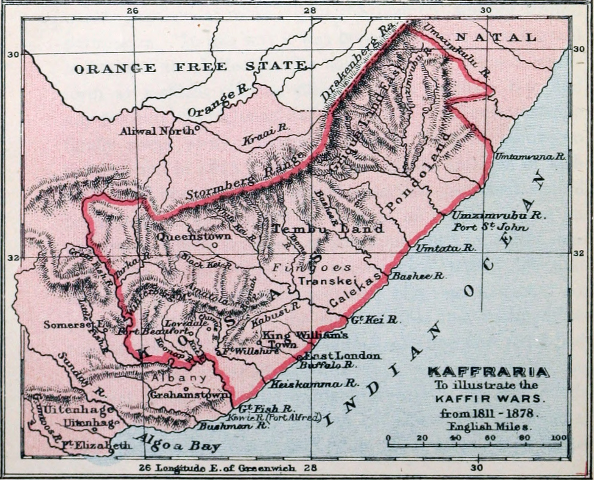 Map to Illustrate the Kaffir Wars. Map from C. P. Lucas, A Historical Geography of the British Colonies, 6 vols (Oxford: Clarendon, 1897), 4:opposite 149. Courtesy of the Internet Archive (https://archive.org/details/southeastafrica04lucauoft).