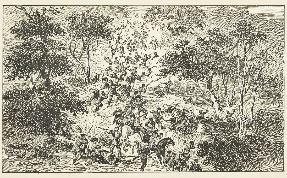 Attack of the Kaffirs on the Troops Under the Command of Lt.-Col. Fordyce of the 74th Highlanders. Illustration from Duncan Campbell Francis Moodie, The History of the Battles and Adventures of the British, the Boers, and the Zulus, &c., in Southern Africa, 2 vols (Cape Town: Murray & St. Leger, 1888), 2:opposite 49. Courtesy of the Internet Archive (https://archive.org/details/historyofbattles02dcfm).
