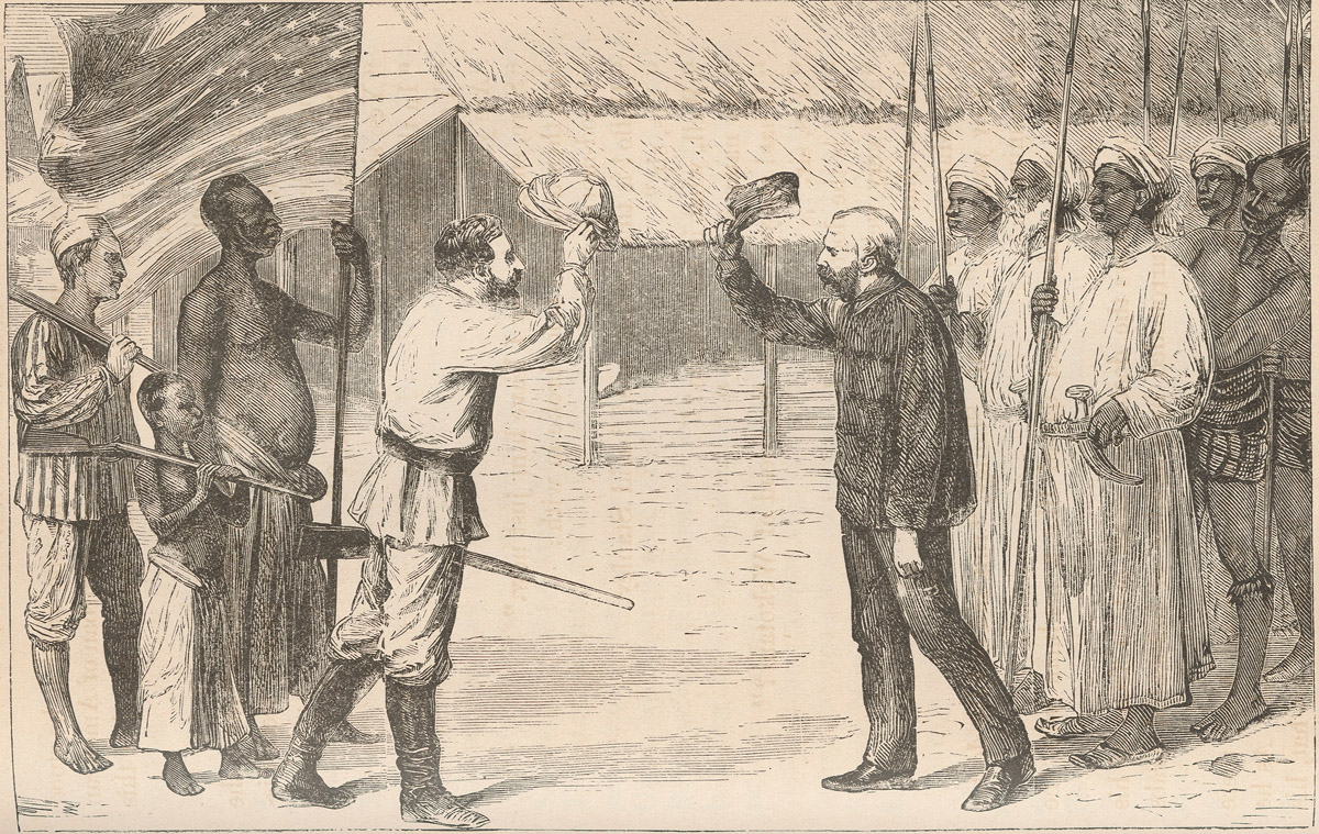 Stanley Meeting Livingstone. Illustration from J. E. Chambliss, The Life and Labors of David Livingstone, LL.D., D.C.L. (Philadelphia, Boston, and Cincinnati: Hubbard Bros., 1875), 695. Copyright National Library of Scotland. Creative Commons Share-alike 2.5 UK: Scotland (https://creativecommons.org/licenses/by-nc-sa/2.5/scotland/).
