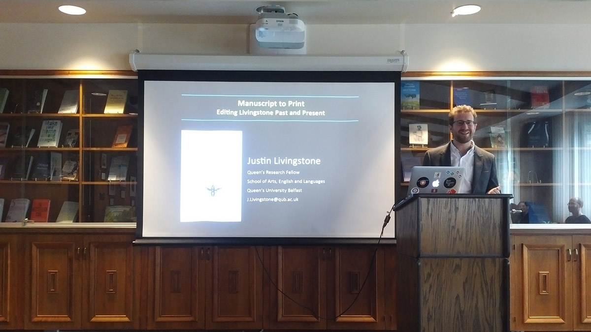Justin D. Livingstone lecturing on the Missionary Travels manuscript project at the University of Nebraska-Lincoln, 2017. Copyright Kate Simpson. Creative Commons Attribution-NonCommercial 3.0 Unported (https://creativecommons.org/licenses/by-nc/3.0/).