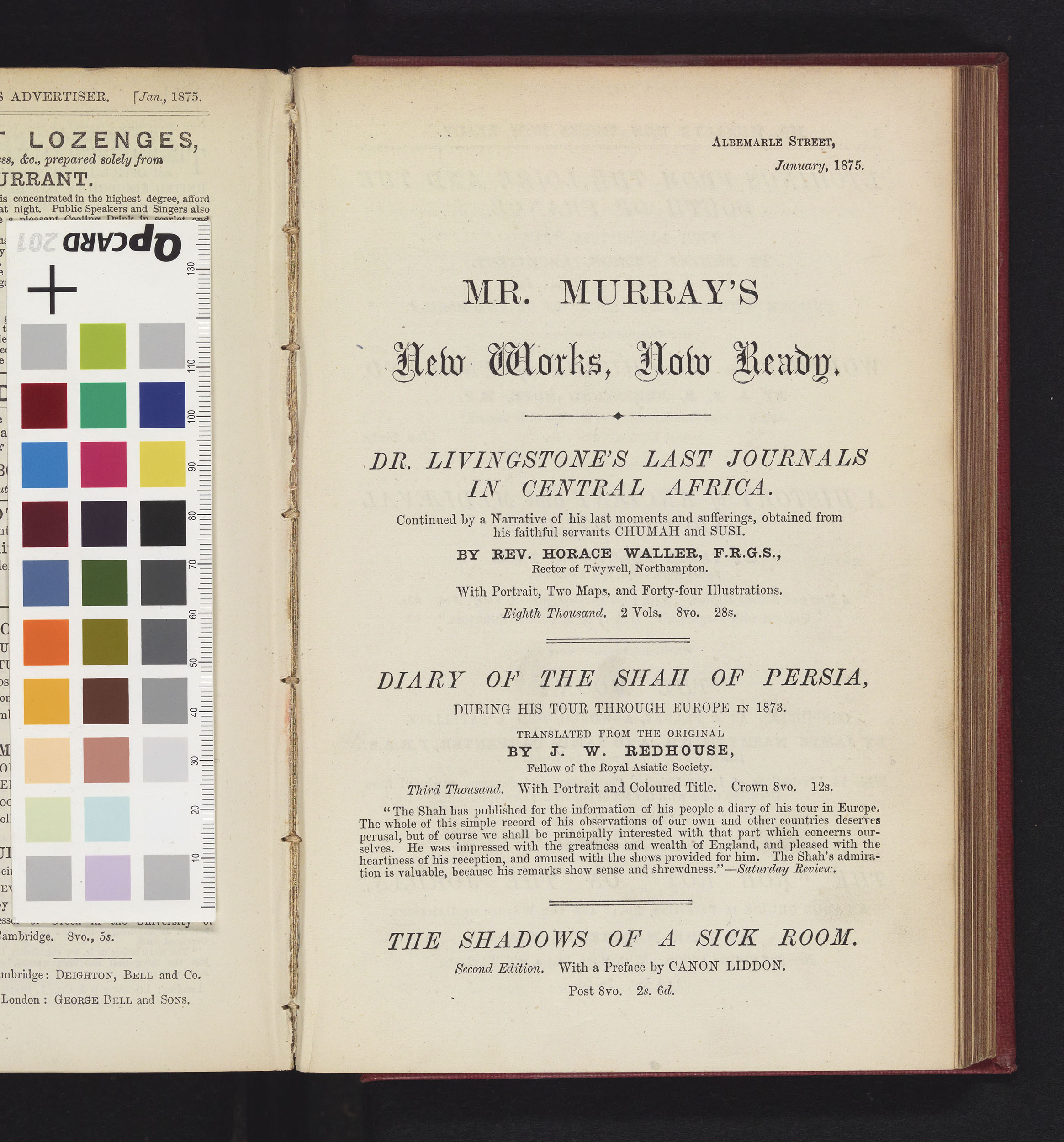 Trade Advert for Mr. Murray's New Works, Now Ready: Dr. Livingstone's Last Journals in Central Africa, Quarterly Review, 138 (January-April 1875): January 1875, 1. Copyright National Library of Scotland. Creative Commons Share-alike 2.5 UK: Scotland (https://creativecommons.org/licenses/by-nc-sa/2.5/scotland/).