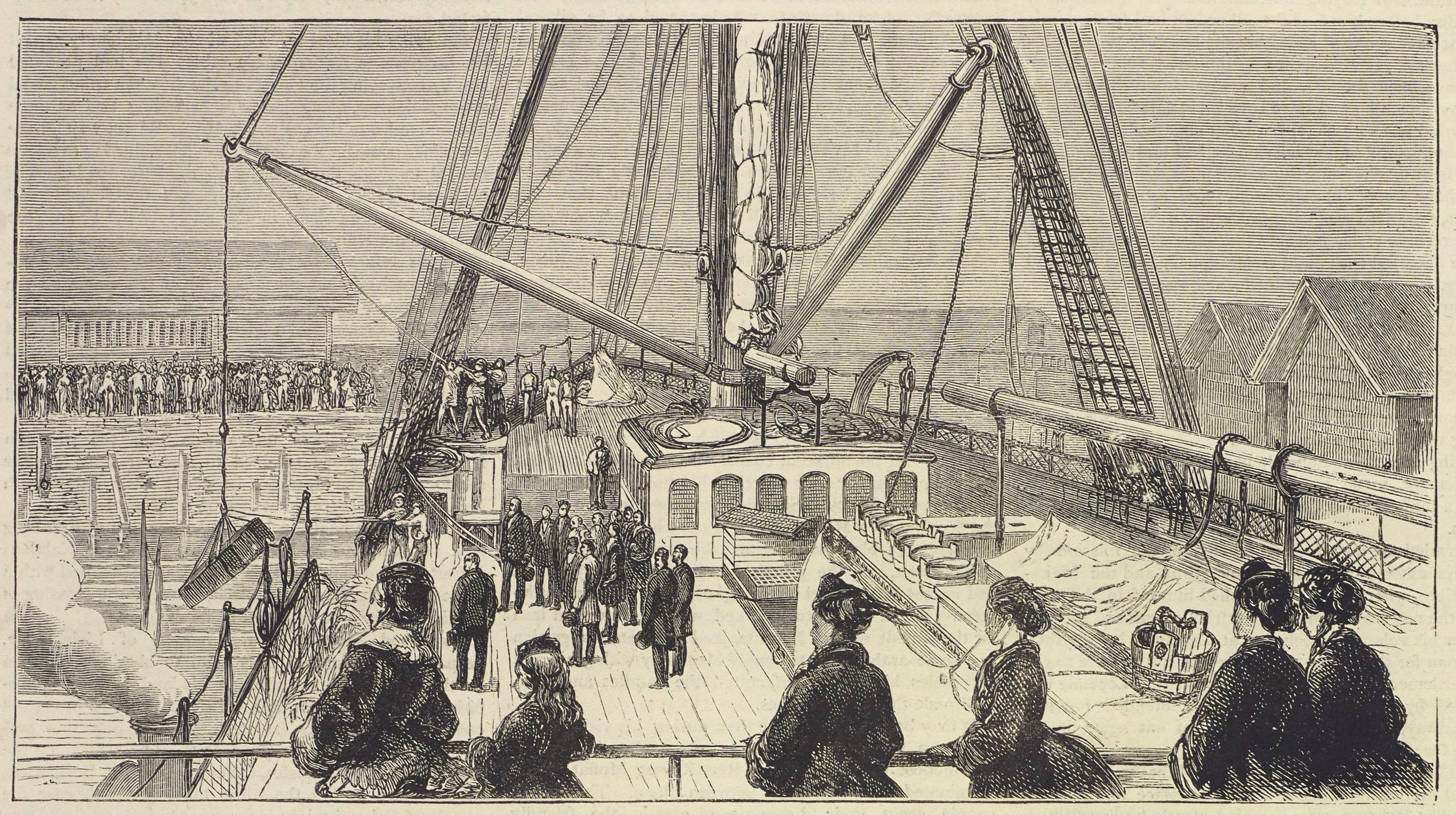 Removing the Body from  the 'Malwa' to the Tender 'Queen.' Illustration from 'The Life and Labours of David Livingstone' (Stanley 1874:396). Copyright National Library of Scotland. Creative Commons Share-alike 2.5 UK: Scotland (https://creativecommons.org/licenses/by-nc-sa/2.5/scotland/).