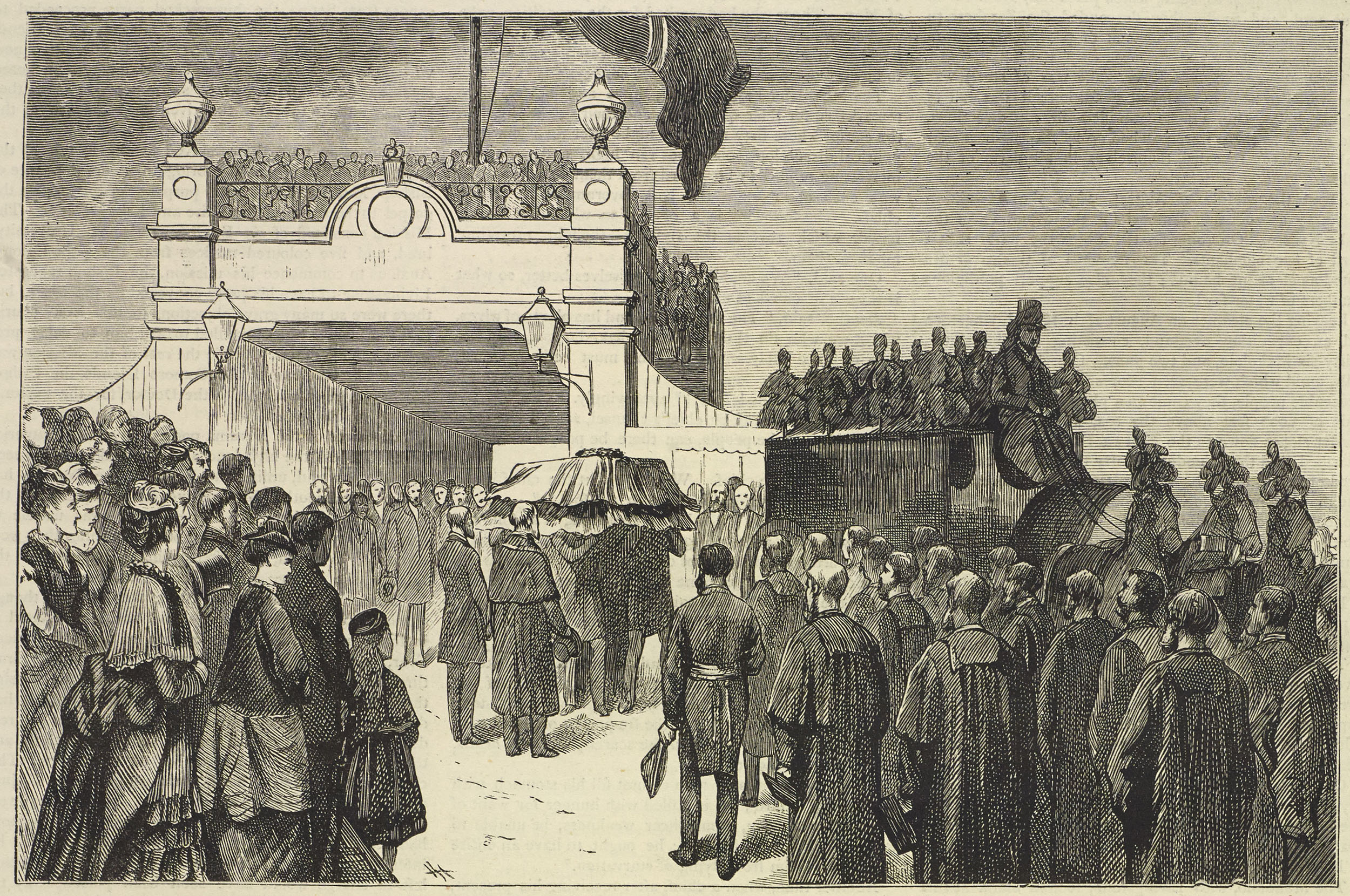 The Scene at the Pier, Southhampton. Illustration from 'The Life and Labours of David Livingstone' (Stanley 1874:404). Copyright National Library of Scotland. Creative Commons Share-alike 2.5 UK: Scotland (https://creativecommons.org/licenses/by-nc-sa/2.5/scotland/).