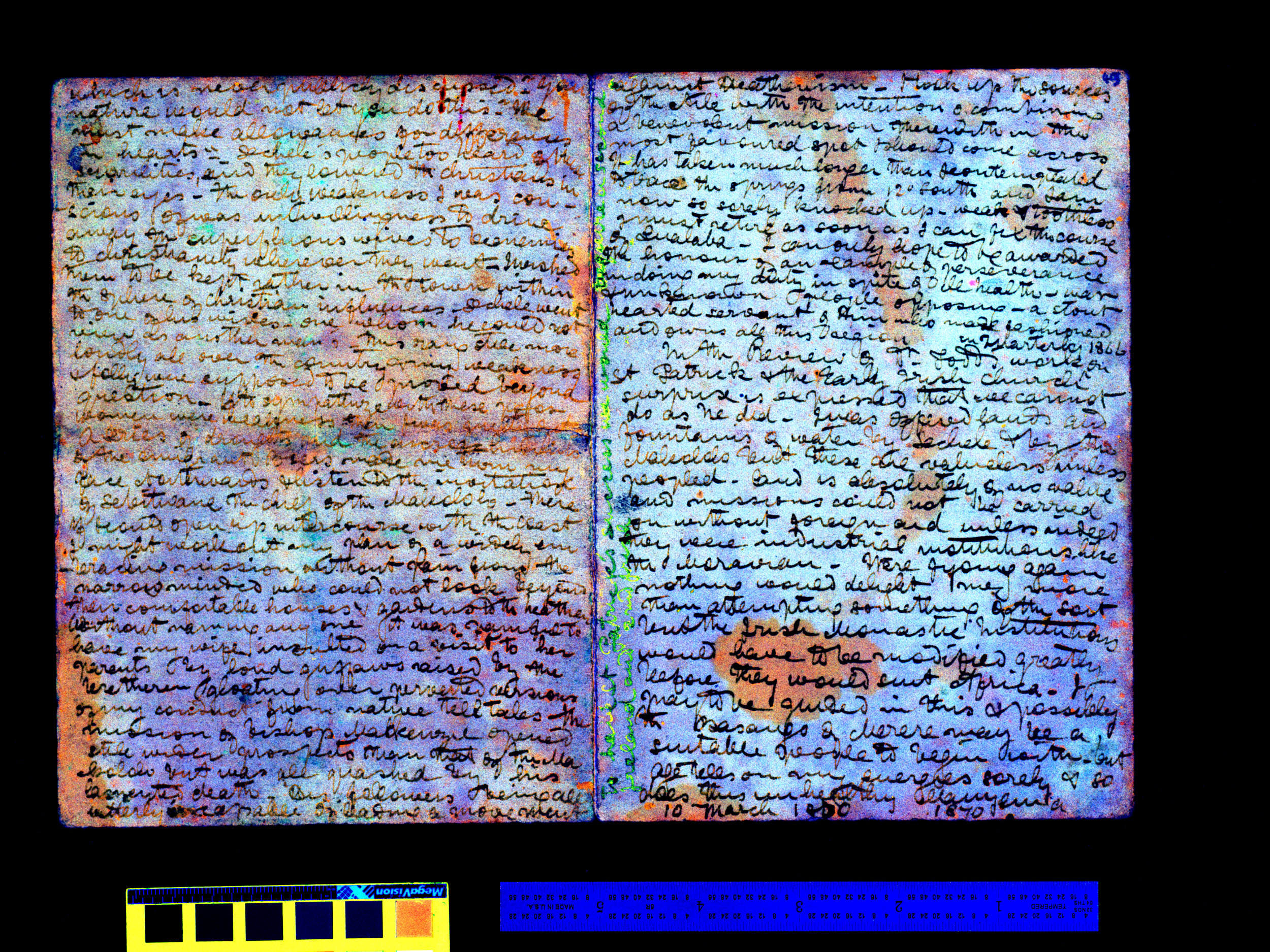 A page from David Livingstone's 1870 Field Diary after spectral image processing to enhance staining. Copyright National Library of Scotland and Dr. Neil Imray Livingstone Wilson (as relevant). Creative Commons Attribution-NonCommercial 3.0 Unported (https://creativecommons.org/licenses/by-nc/3.0/)
