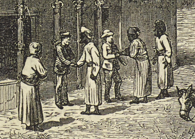 Visit of Arabs to Livingstone and Stanley at Unyanyembe. Illustration from Review of Henry M. Stanley's How I Found Livingstone (Anon. 1872:485), detail. Copyright National Library of Scotland. Creative Commons Share-alike 2.5 UK: Scotland (https://creativecommons.org/licenses/by-nc-sa/2.5/scotland/).