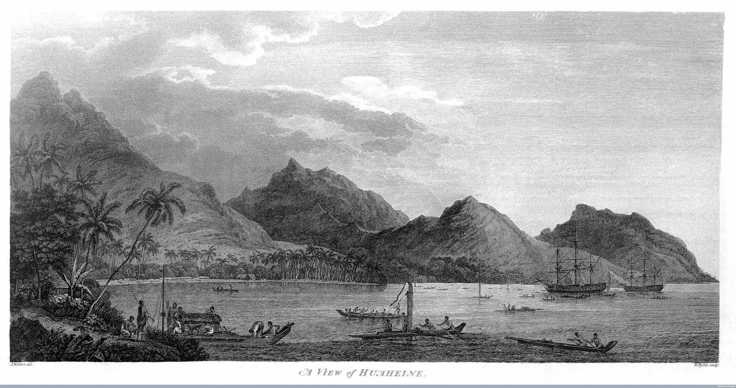 View of Huaheine (from James Cook's Voyages).  Copyright Wellcome Library, London. Creative Commons Attribution 4.0 International (https://creativecommons.org/licenses/by/4.0/).