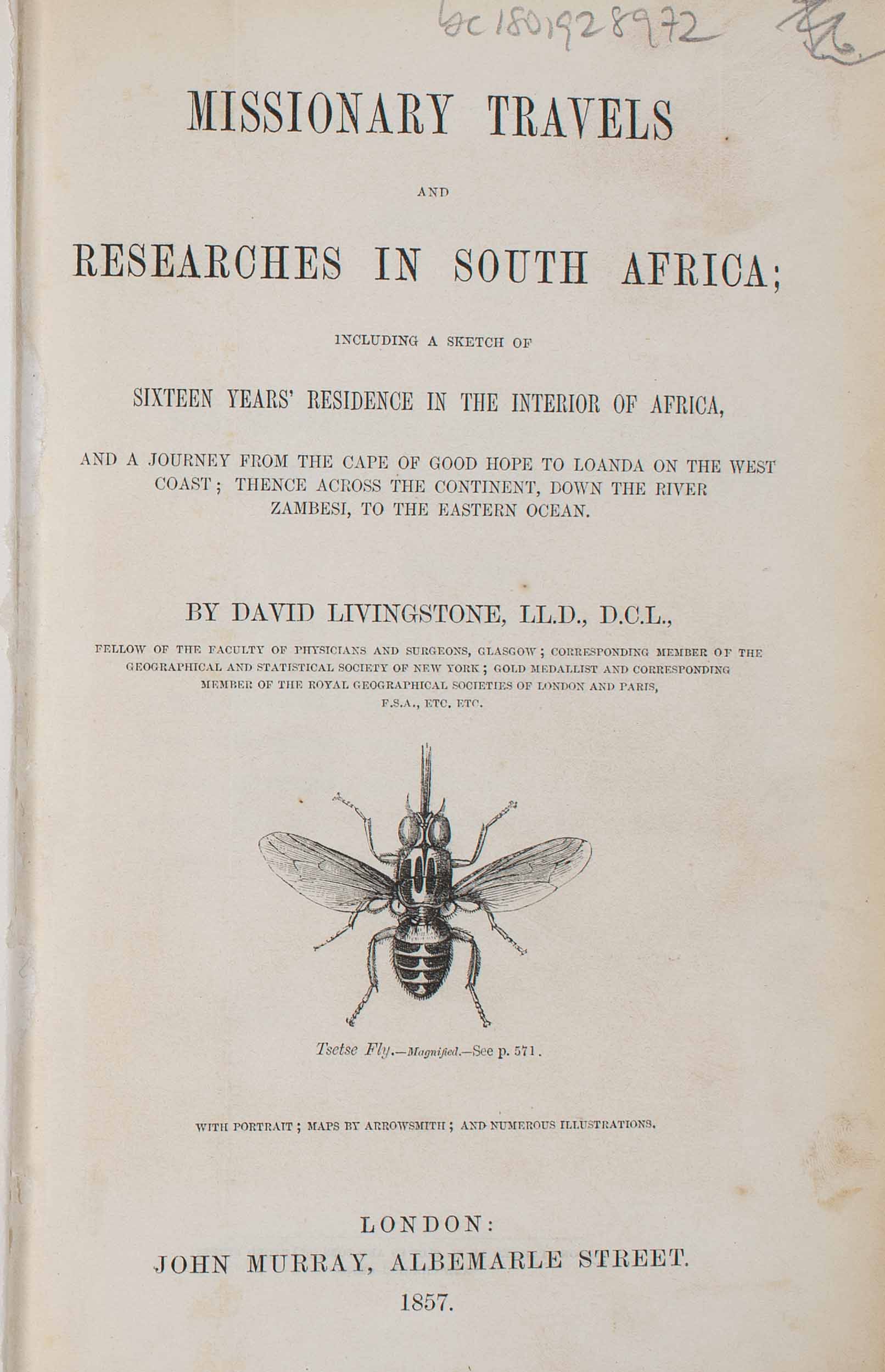 Tsetse fly, Missionary Travels (frontispiece), 1857.  Copyright Royal Geographical Society (with IBG). Used by permission for academic purposes only. For non-academic use permission, please contact the Picture Library. ().