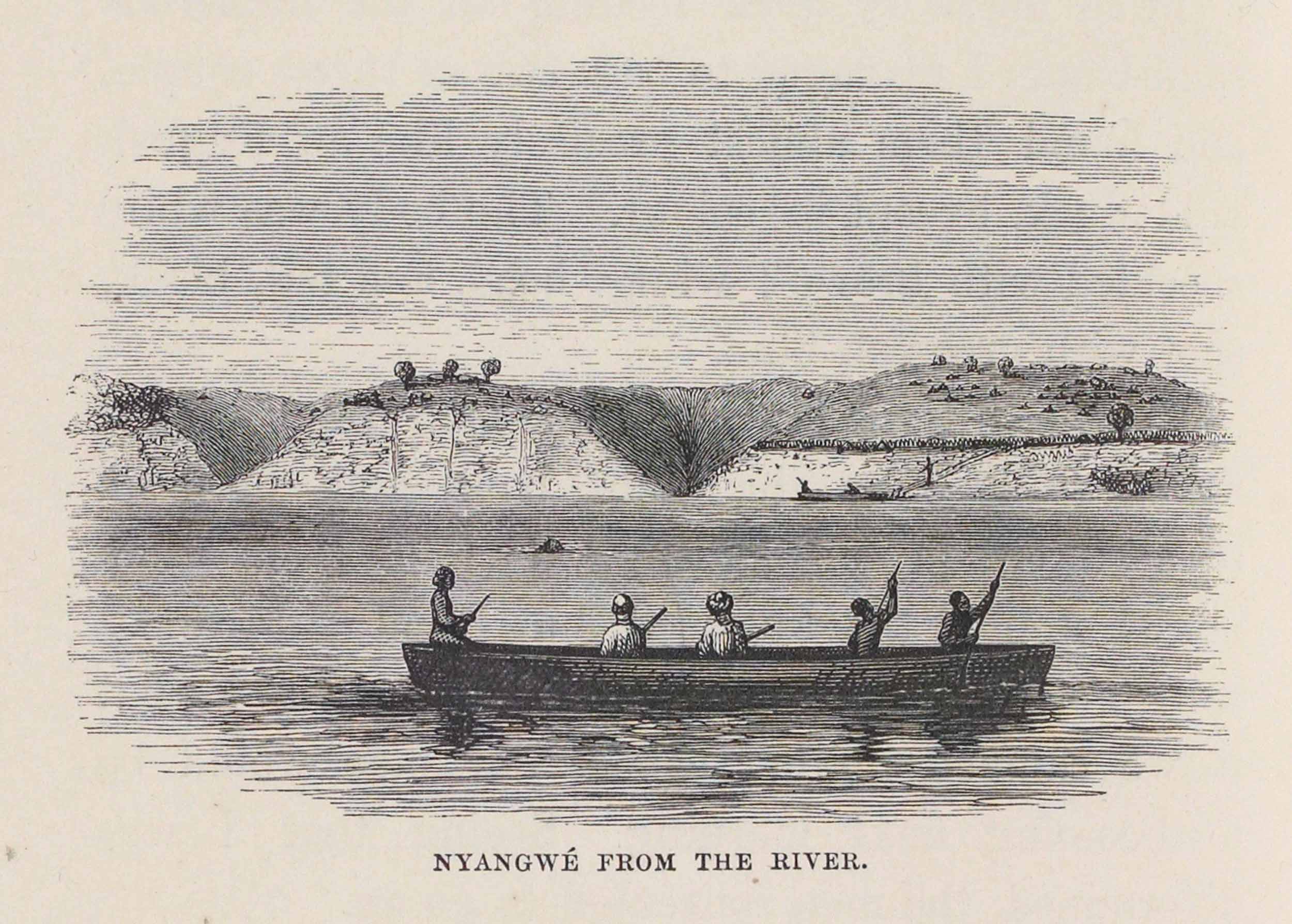 Nyangwe from the River from Verney Lovett Cameron's Across Africa (1877,1:378). Copyright National Library of Scotland. Creative Commons Share-alike 2.5 UK: Scotland (https://creativecommons.org/licenses/by-nc-sa/2.5/scotland/).