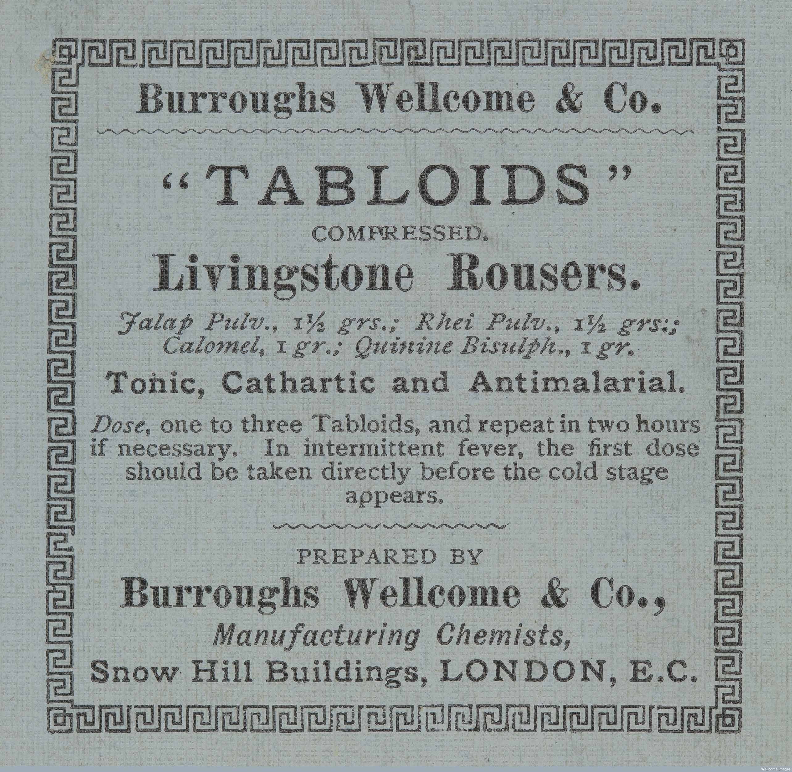 Pharmaceutical advert for 'Tabloids', compressed Livingstone Rousers.  Copyright Wellcome Library, London. Creative Commons Attribution 4.0 International(https://creativecommons.org/licenses/by/4.0/).