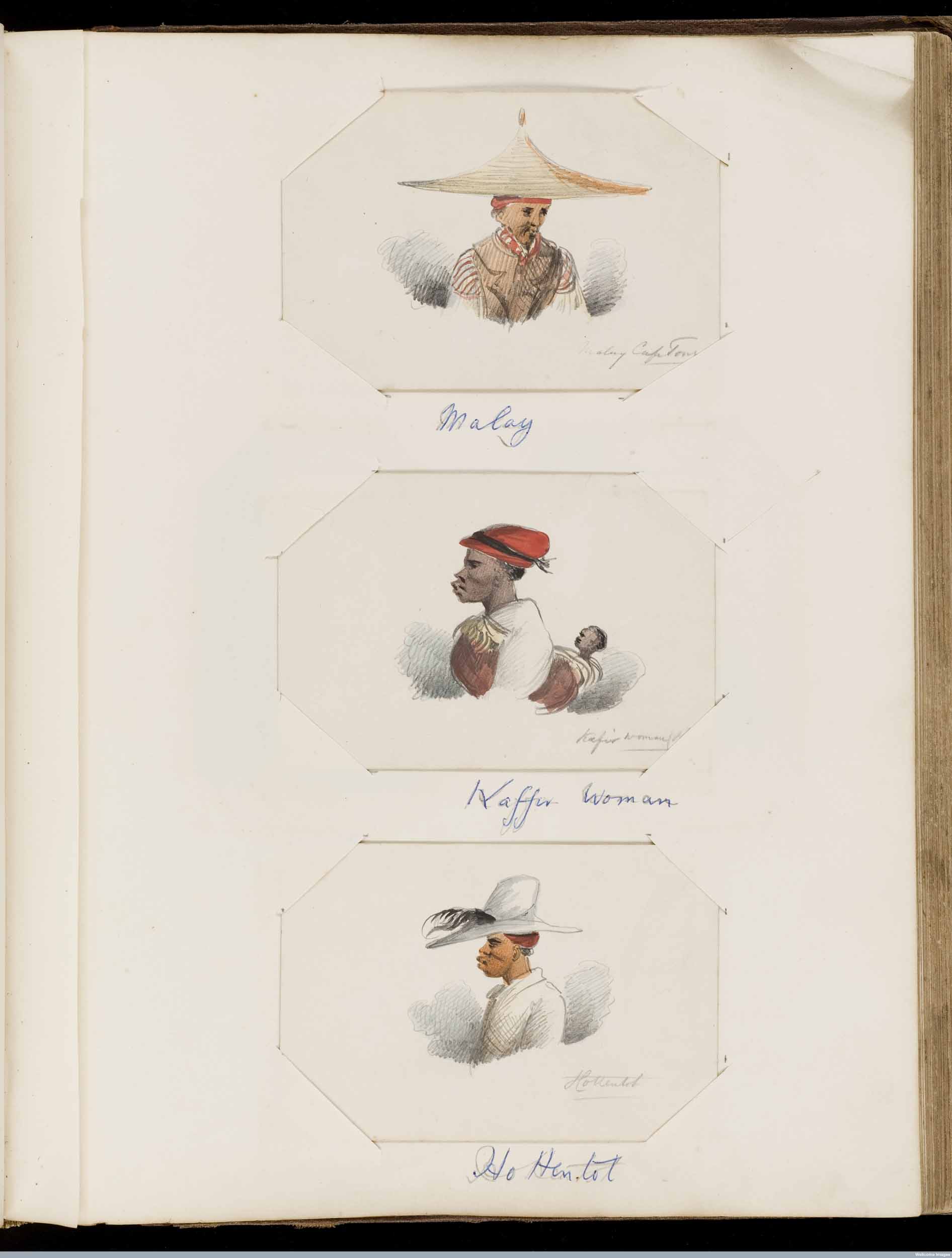 3 x water colour sketches: 'Malay', 'Kaffir Woman', 'Hottentot', c. 1867. From the RAMC Muniment Collection. Copyright Wellcome Library, London. Creative Commons Attribution 4.0 International (https://creativecommons.org/licenses/by/4.0/).