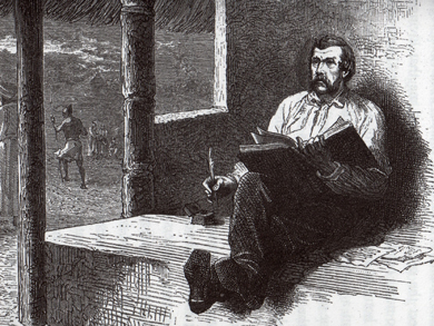 'Livingstone Writing in His Journal' (Stanley 1872). Copyright David Livingstone Centre. Image used by permission. May not be reproduced without the consent of the Scottish National Memorial to David Livingstone Trust.