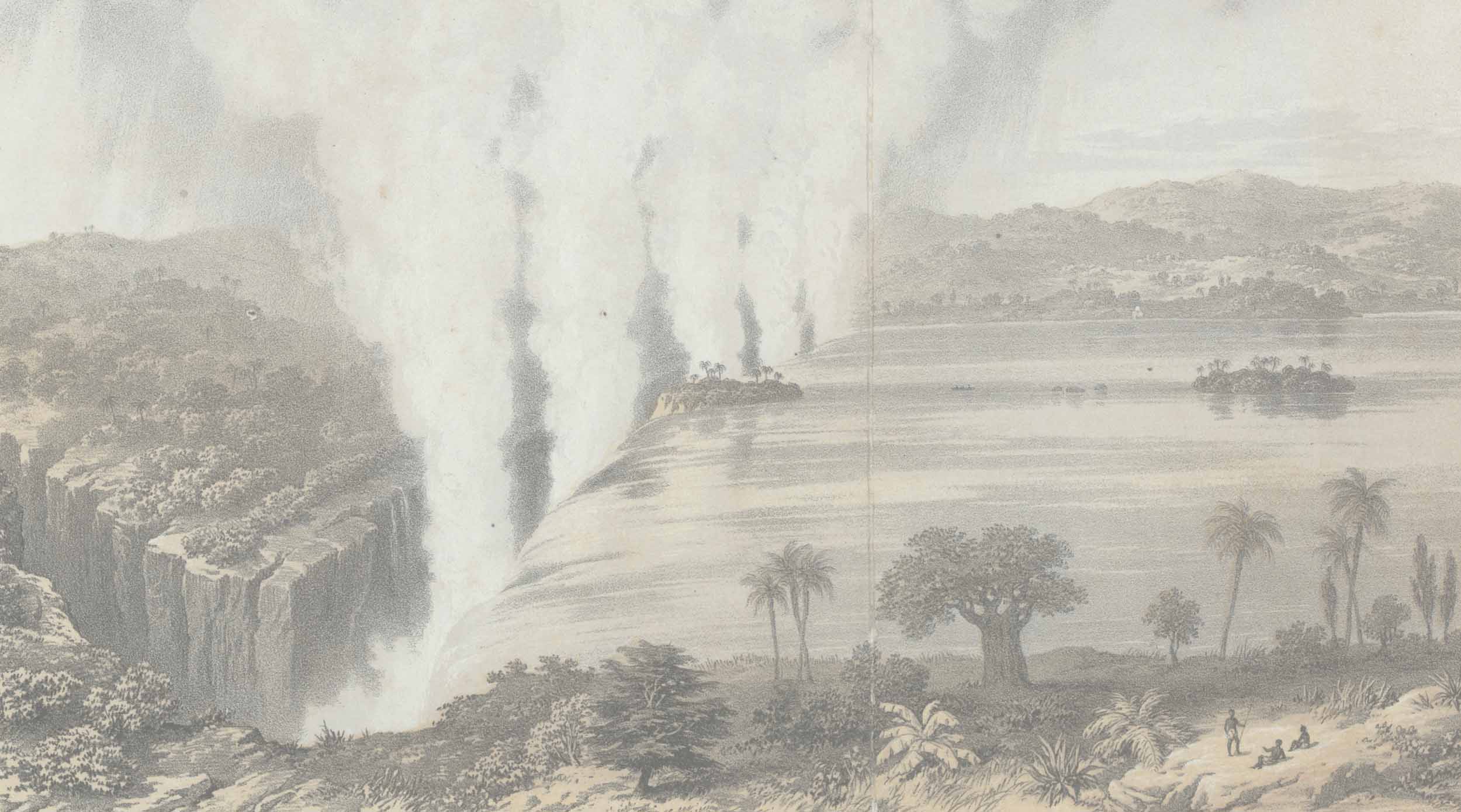 'The Victoria Falls, of the Leeambye or Zambesi River Called by the Natives Mosioatunya (Smoke Sounding),' Missionary Travels, 1857. Copyright National Library of Scotland. Creative Commons Share-alike 2.5 UK: Scotland (https://creativecommons.org/licenses)