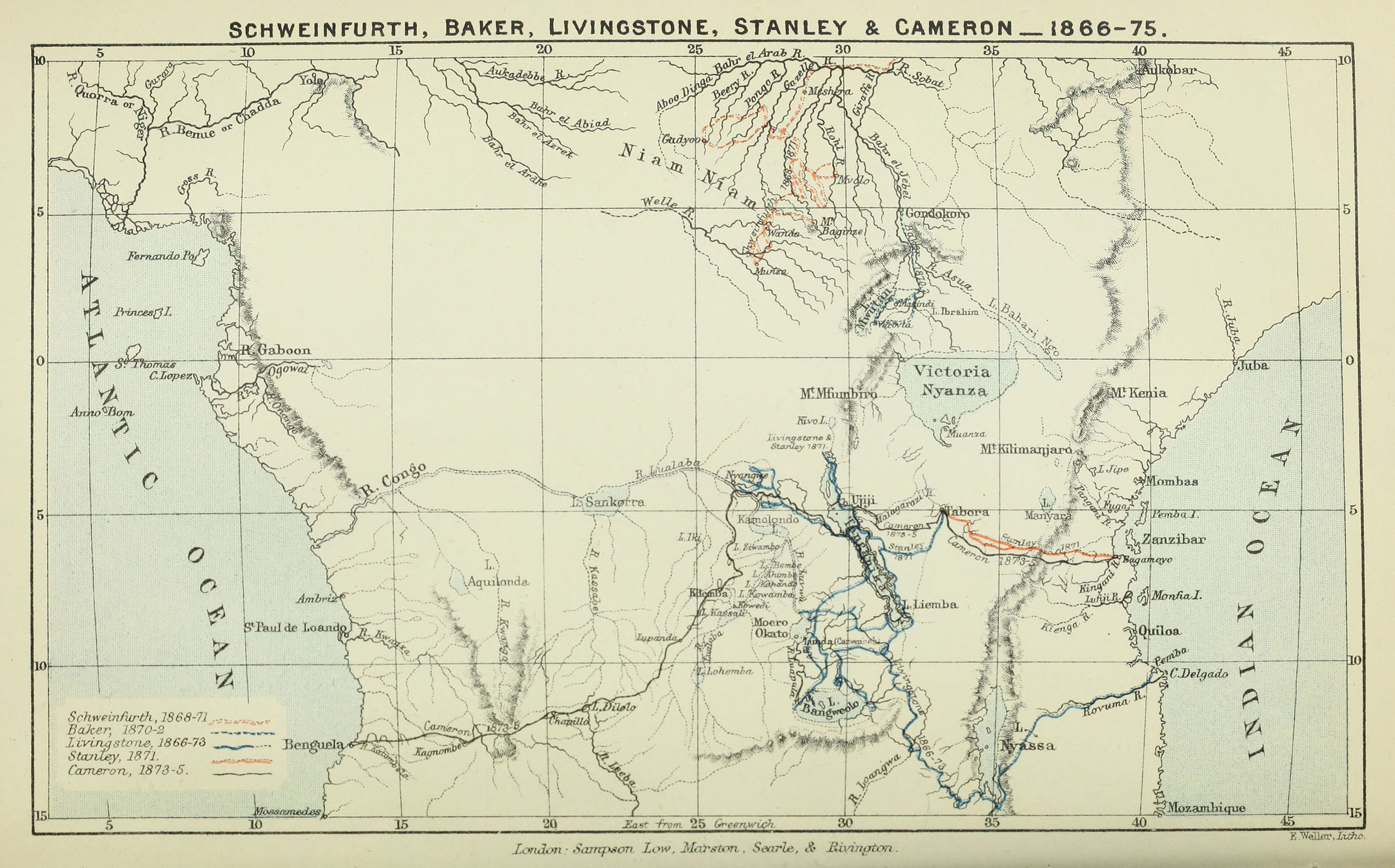 Schweinfurth, Baker, Livingstone, Stanley & Cameron _ 1866-1875. Map from Through the Dark Continent (Stanley 1878,1:n.p. Courtesy of Internet Archive.