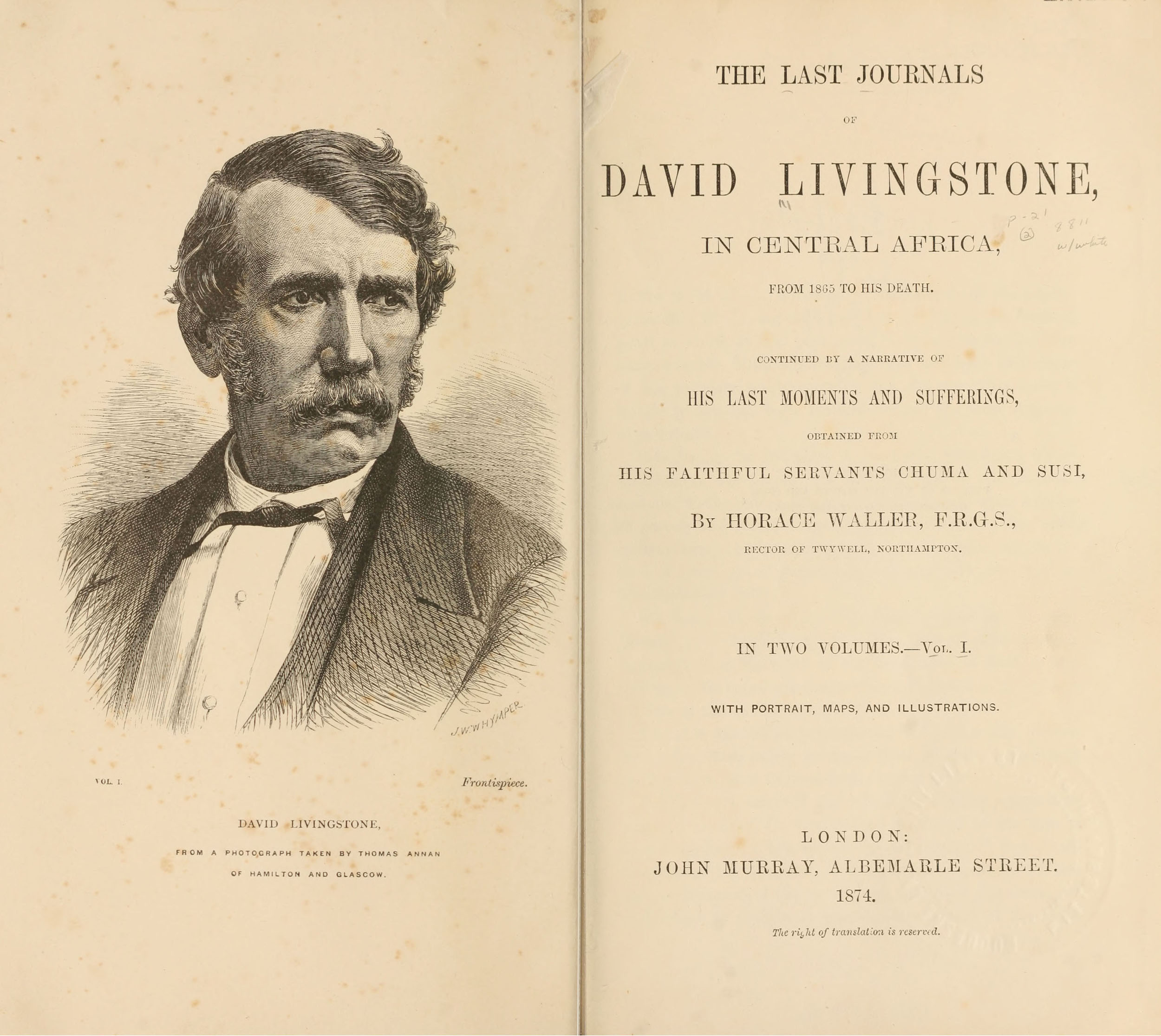 Frontispiece and title page from the Last Journals (Livingstone 1874,1). Courtesy of Internet Archive.