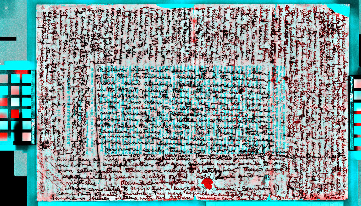 A processed spectral image of a page of the Letter from Bambarre (Livingstone 1871c:[4] pseudoratio). Copyright Peter and Nejma Beard. Creative Commons Attribution-NonCommercial 3.0 Unported (https://creativecommons.org/licenses/by-nc/3.0/).