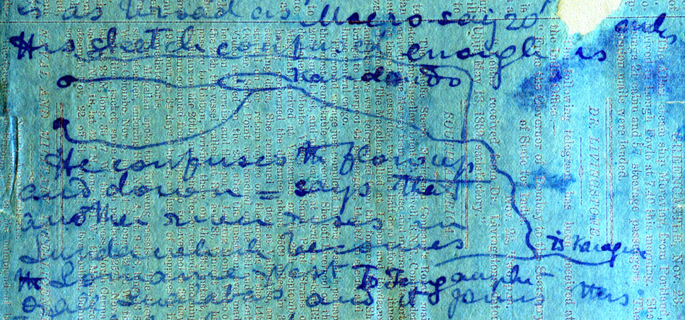 A processed spectral image of a page of the 1871 Field Diary (Livingstone 1871f:CXXI spectral_ratio), detail. Copyright David Livingstone Centre, Blantyre. As relevant, copyright Dr. Neil Imray Livingstone Wilson. Creative Commons Attribution-NonCommercial 3.0 Unported (https://creativecommons.org/licenses/by-nc/3.0/).