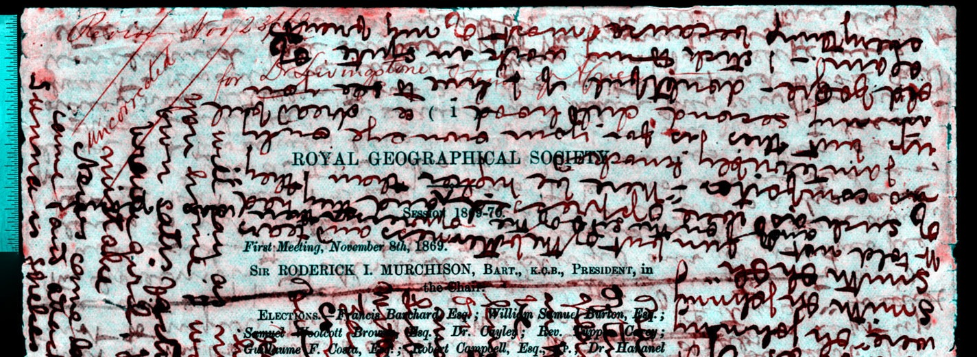 A processed spectral image of a page of the Letter from Bambarre (Livingstone 1871c:[4] pseudo_v1), detail. Copyright Peter and Nejma Beard. Creative Commons Attribution-NonCommercial 3.0 Unported (https://creativecommons.org/licenses/by-nc/3.0/).