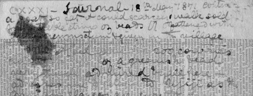 A processed spectral image of a page of the 1871 Field Diary (Livingstone 1871f:CXXXI intercept), detail. Copyright David Livingstone Centre, Blantyre. As relevant, copyright Dr. Neil Imray Livingstone Wilson. Creative Commons Attribution-NonCommercial 3.0 Unported (https://creativecommons.org/licenses/by-nc/3.0/).
