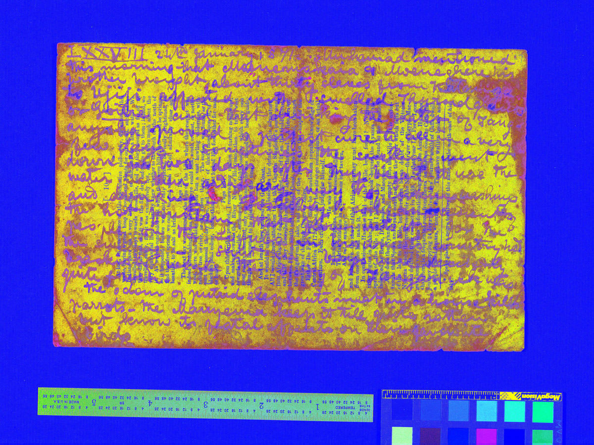 A spectral image of David Livingstone's 1870 Field Diary, second gathering (Livingstone 1871b:LXXVIII). Processed to enhance and reveal the extent of staining. Copyright National Library of Scotland. Creative Commons Attribution-NonCommercial 3.0 Unported (https://creativecommons.org/licenses/by-nc/3.0/).