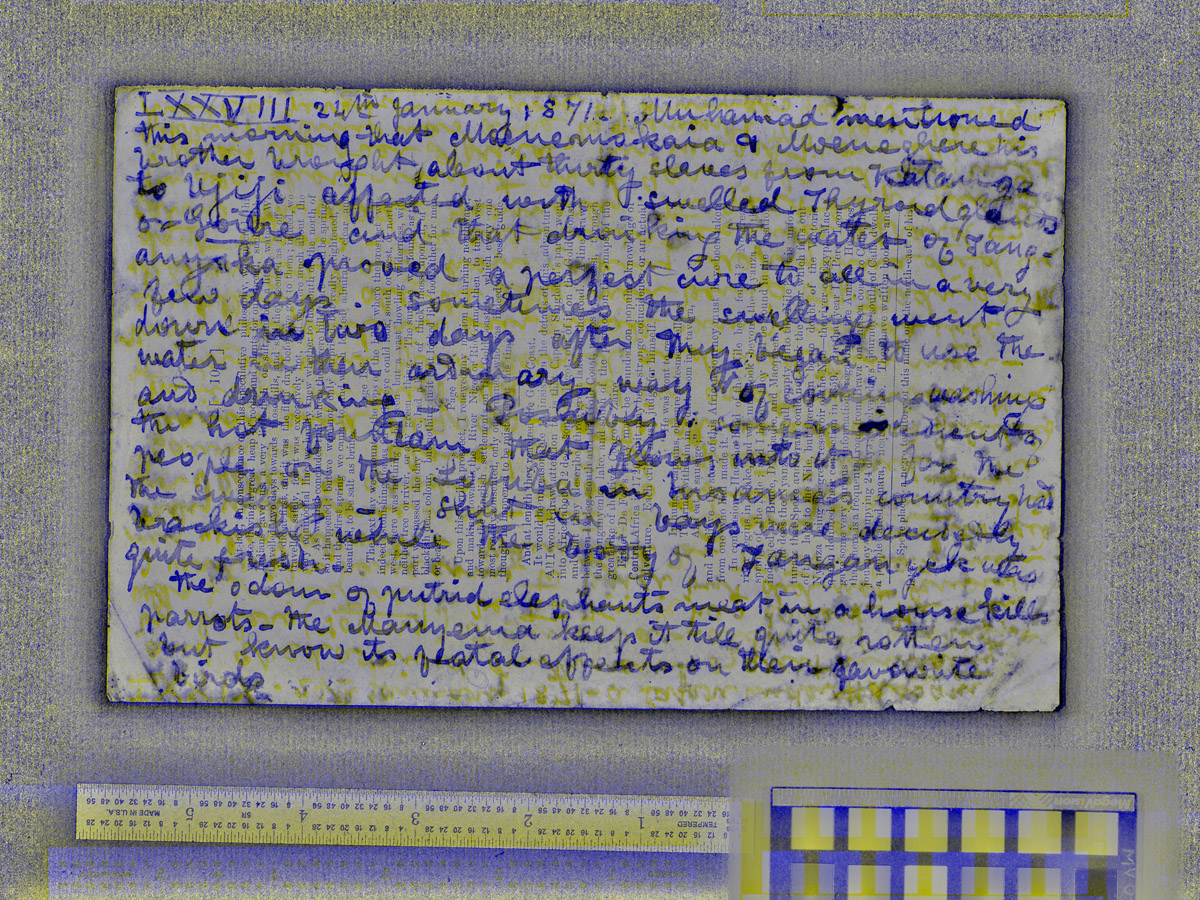 A spectral image of David Livingstone's 1870 Field Diary, second gathering (Livingstone 1871b:LXXVIII). Processed to minimize ink bleed through from the verso of the page. Copyright National Library of Scotland. Creative Commons Attribution-NonCommercial 3.0 Unported (https://creativecommons.org/licenses/by-nc/3.0/).