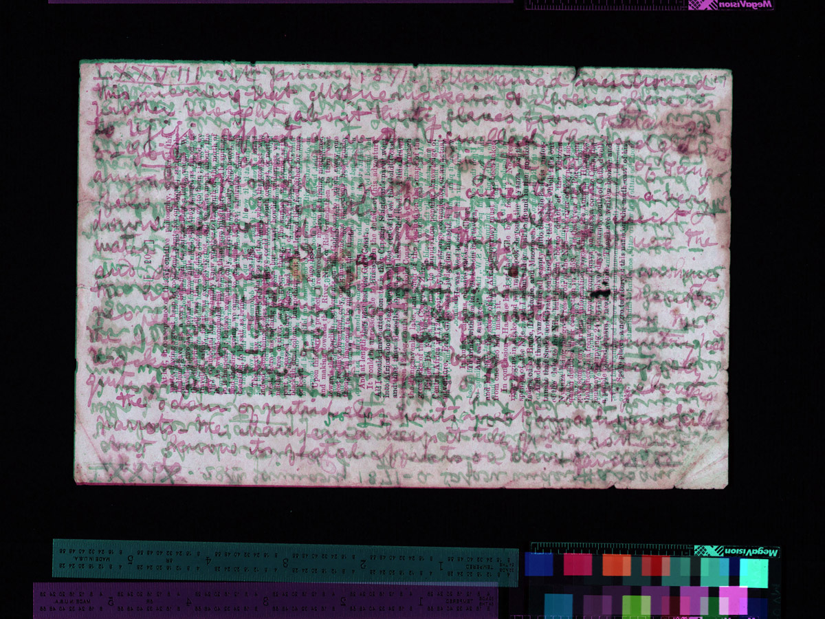 A spectral image of David Livingstone's 1870 Field Diary, second gathering (Livingstone 1871b:LXXVIII). Processed to maximize and distinguish ink bleed through from the verso of the page. Copyright National Library of Scotland. Creative Commons Attribution-NonCommercial 3.0 Unported (https://creativecommons.org/licenses/by-nc/3.0/)