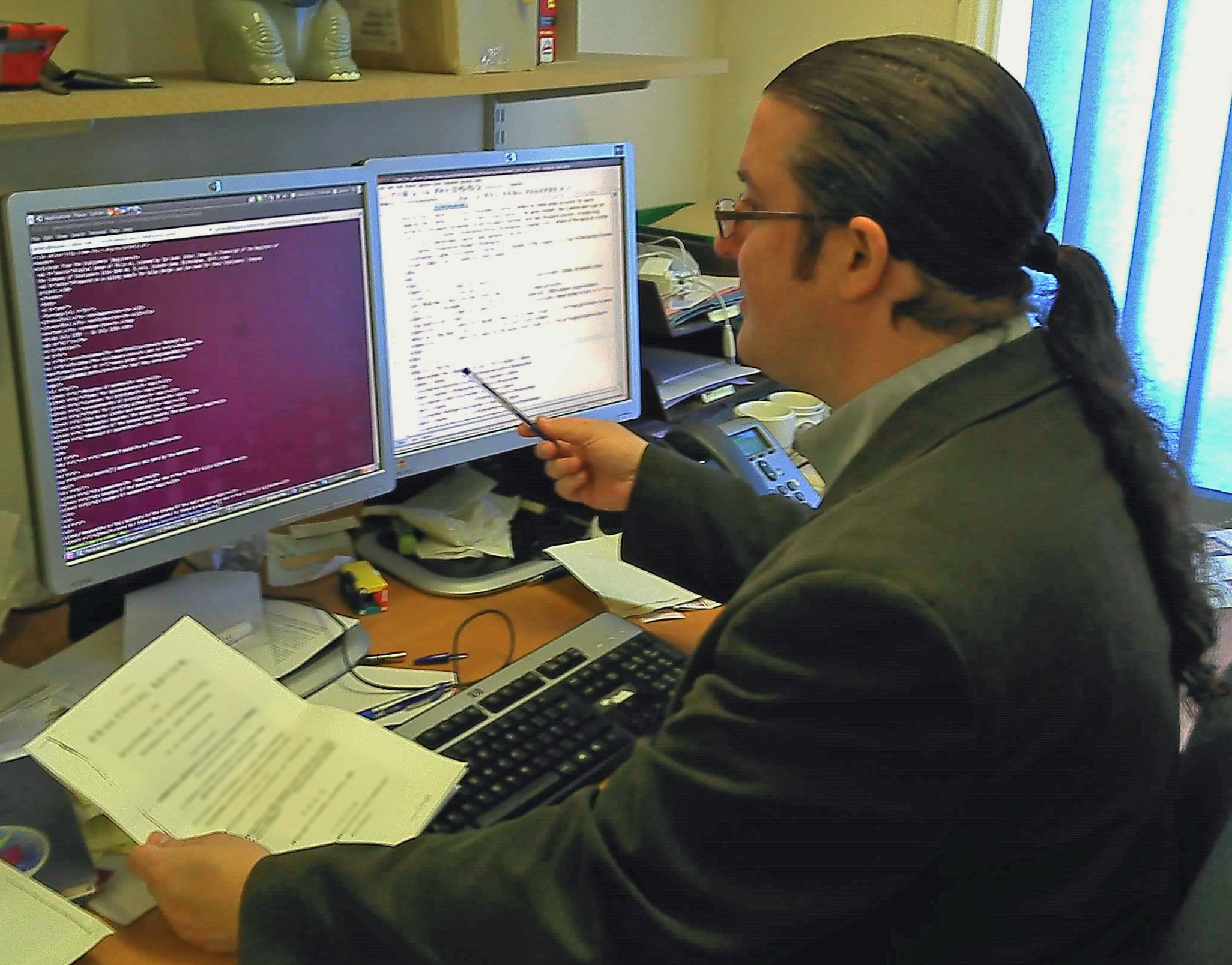 James Cummings while tackling thorny XML coding issues related to the 1871 Field Diary at the University of Oxford, 2011. Copyright Livingstone Spectral Imaging Project team. Creative Commons Attribution-NonCommercial 3.0 Unported (https://creativecommons.org/licenses/by-nc/3.0/). James Cummings while tackling thorny XML coding issues related to the 1871 Field Diary at the University of Oxford, 2011. Copyright Livingstone Spectral Imaging Project team. Creative Commons Attribution-NonCommercial 3.0 Unported (https://creativecommons.org/licenses/by-nc/3.0/).
