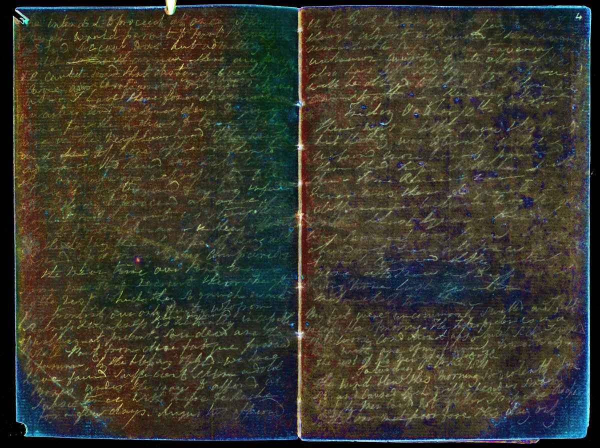 A processed PCA spectral image of two pages of Sir John Franklin's 1821 Field Diary (National Library of Scotland MS. 42237). Copyright National Library of Scotland. Creative Commons Attribution-NonCommercial 3.0 Unported (https://creativecommons.org/licenses/by-nc/3.0/).