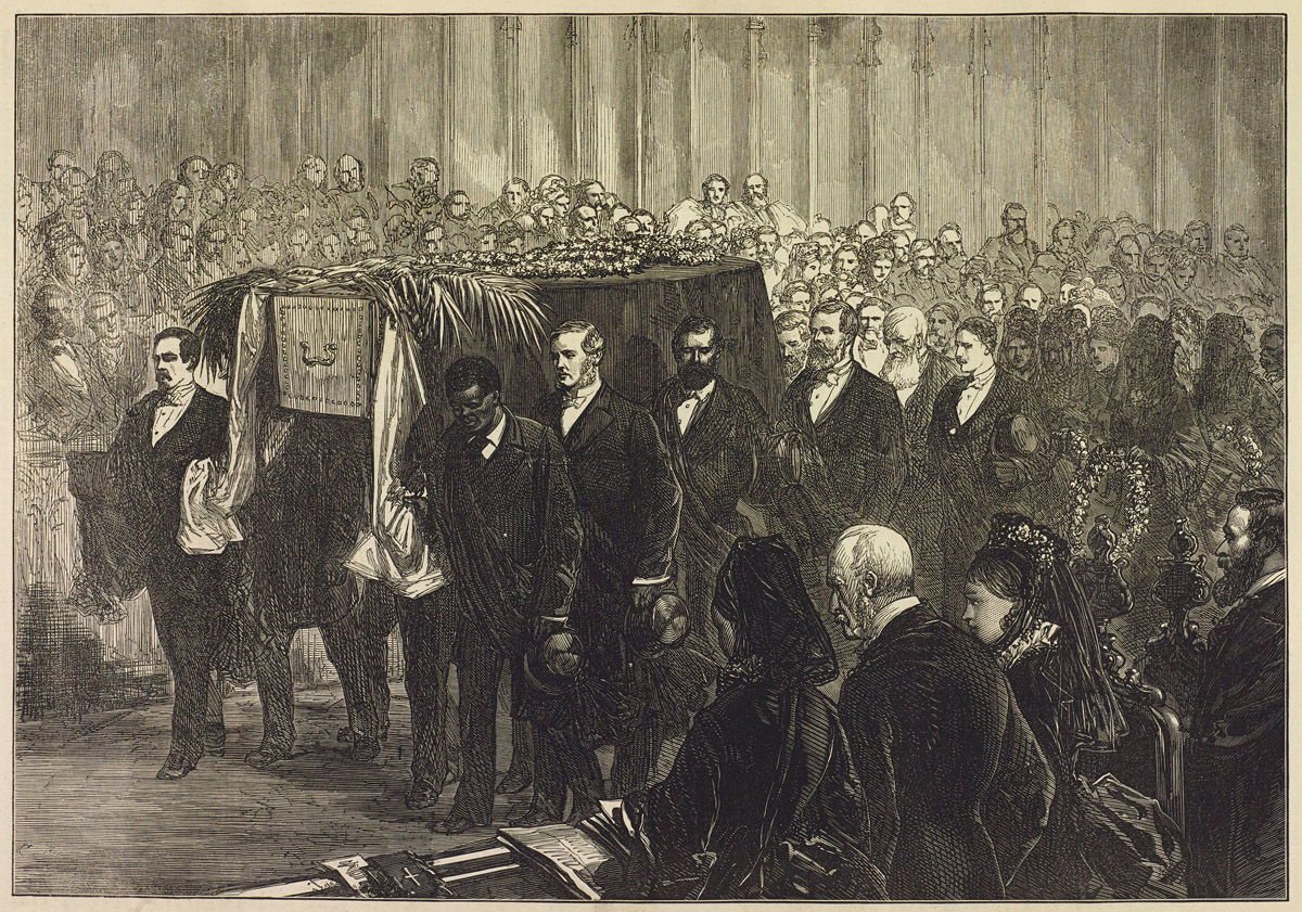 'Funeral of Dr. Livingstone in Westminster Abbey.' Illustration from a review of Livingstone's Last Journals in the Illustrated London News, 64 (1874): 401. Copyright National Library of Scotland. Creative Commons Share-alike 2.5 UK: Scotland (https://creativecommons.org/licenses/by-nc-sa/2.5/scotland/).