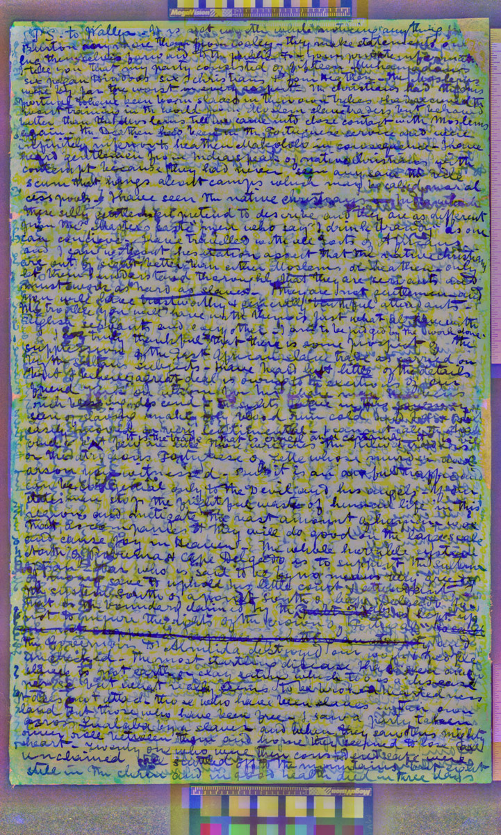 A processed spectral image of a page of the Letter from Bambarre (Livingstone 1871c:[3] pseudo_v3). Copyright Peter and Nejma Beard. Creative Commons Attribution-NonCommercial 3.0 Unported (https://creativecommons.org/licenses/by-nc/3.0/).