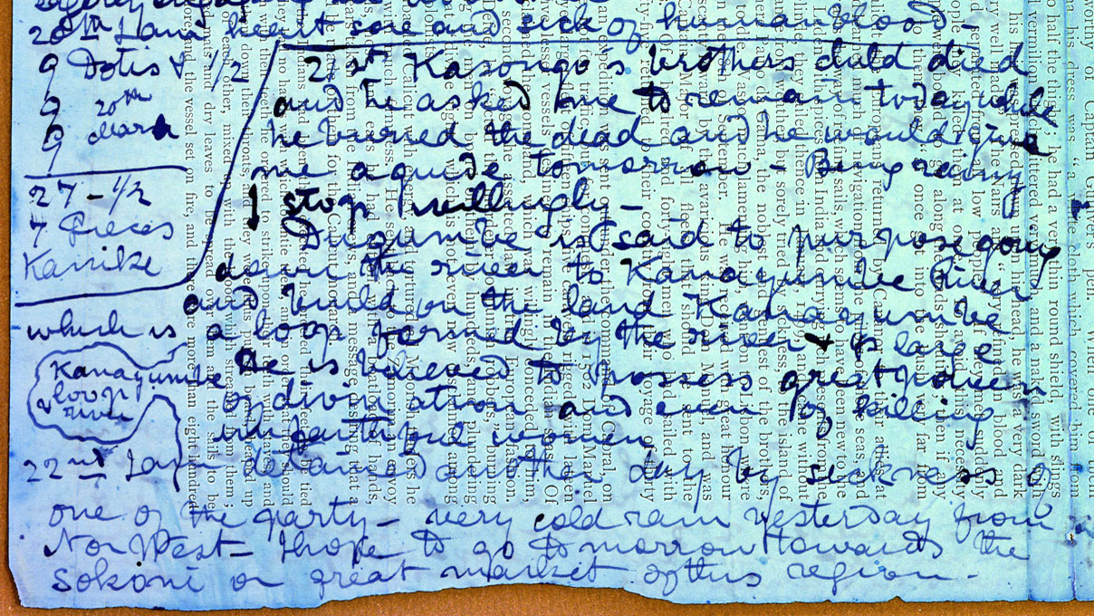 A spectral image of a page of the 1870 Field Diary (Livingstone 1871e:CI spectral_ratio), detail. Copyright National Library of Scotland. Creative Commons Attribution-NonCommercial 3.0 Unported (https://creativecommons.org/licenses/by-nc/3.0/).