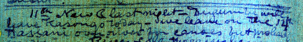 A processed spectral image of a page of the 1871 Field Diary (Livingstone 1871f:CXXXVII spectral_ratio), detail. Copyright David Livingstone Centre, Blantyre. As relevant, copyright Dr. Neil Imray Livingstone Wilson. Creative Commons Attribution-NonCommercial 3.0 Unported (https://creativecommons.org/licenses/by-nc/3.0/).
