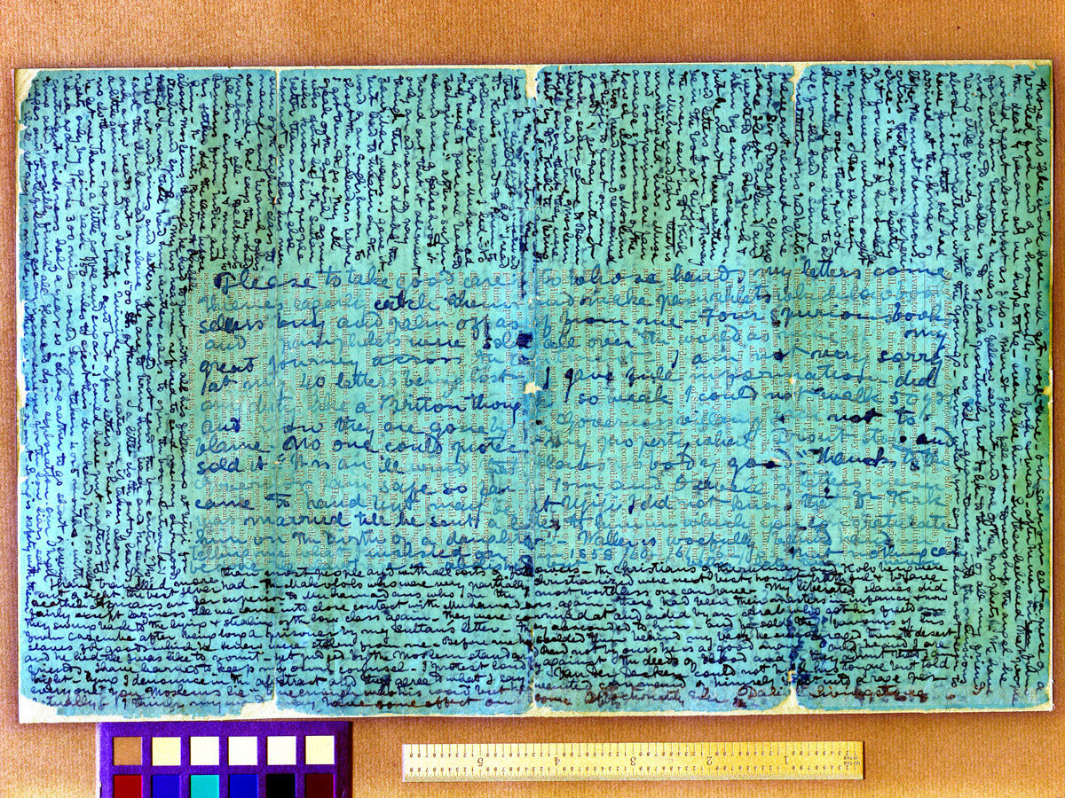 A processed spectral image of a page from Livingstone's letter to Agnes Livingstone, Mar. 1871  (Livingstone 1871h:[2] spectral_ratio). Copyright National Library of Scotland and, as relevant, Neil Imray Livingstone Wilson. Creative Commons Attribution-NonCommercial 3.0 Unported (https://creativecommons.org/licenses/by-nc/3.0/).