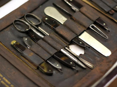 Livingstone's surgical instruments in leather pouch, detail. Copyright Livingstone Online. May not be reproduced without the consent of the Scottish National Memorial to David Livingstone Trust.