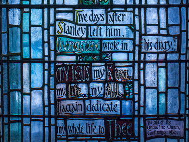 Stained-glass window (1932), David Livingstone Centre museum, 2015. Copyright Angela Aliff. May not be reproduced without the consent of the Scottish National Memorial to David Livingstone Trust.