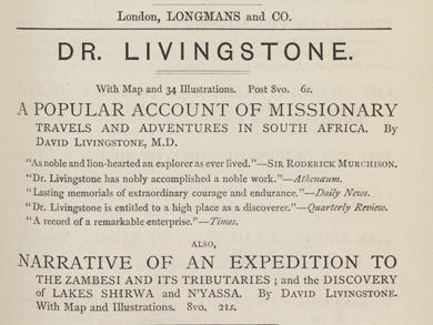 Trade Adverts for Dr. Livingstone: A Popular Account of Missionary Travels and Narrative of an Expedition to the Zambesi, Quarterly Review (July-Oct. 1874). Copyright National Library of Scotland. CC BY-NC-SA 2.5 SCOTLAND